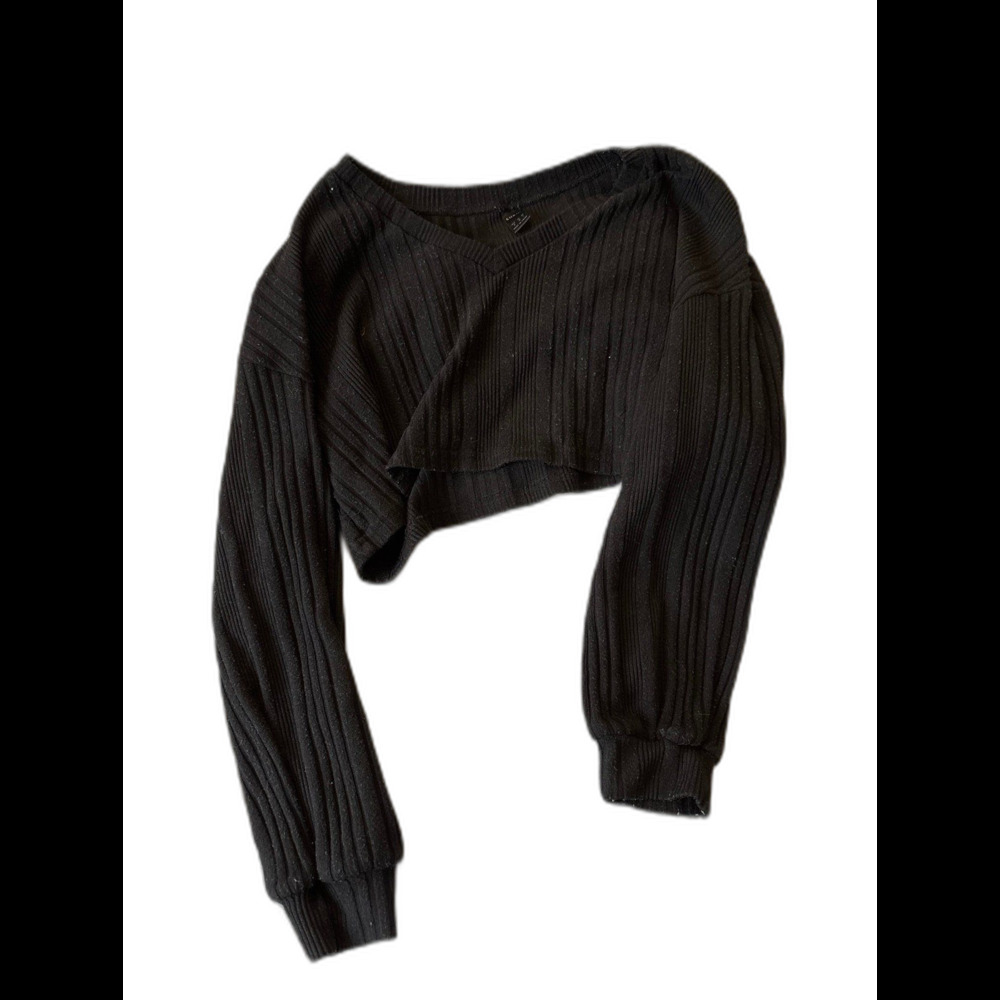 Black Cropped Long Sleeve Top Size M Y2K Grunge Soft Girl Aesthetic